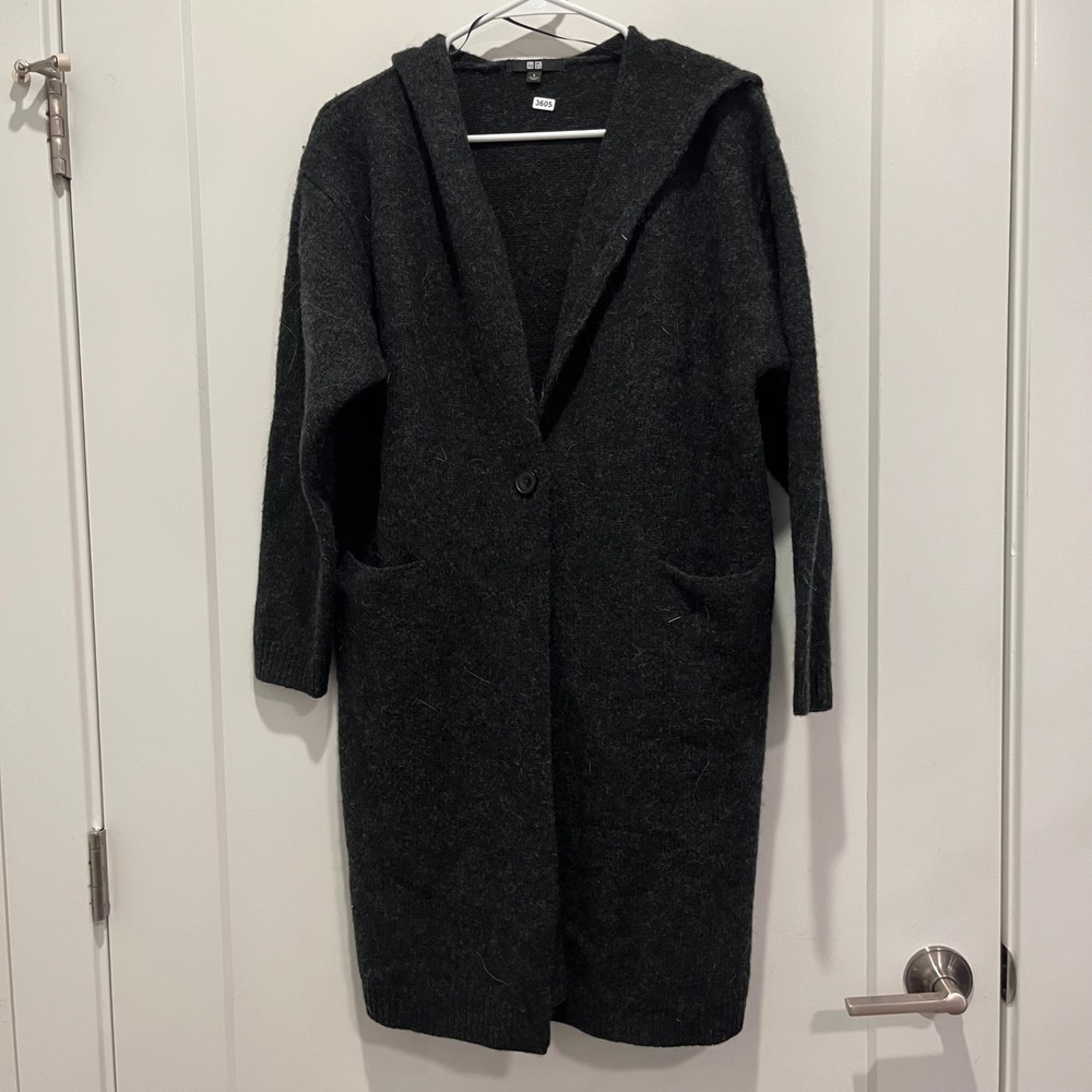Uniqlo Womens Long Hooded Cardigan Sweater Charcoal Gray Single Button Size S